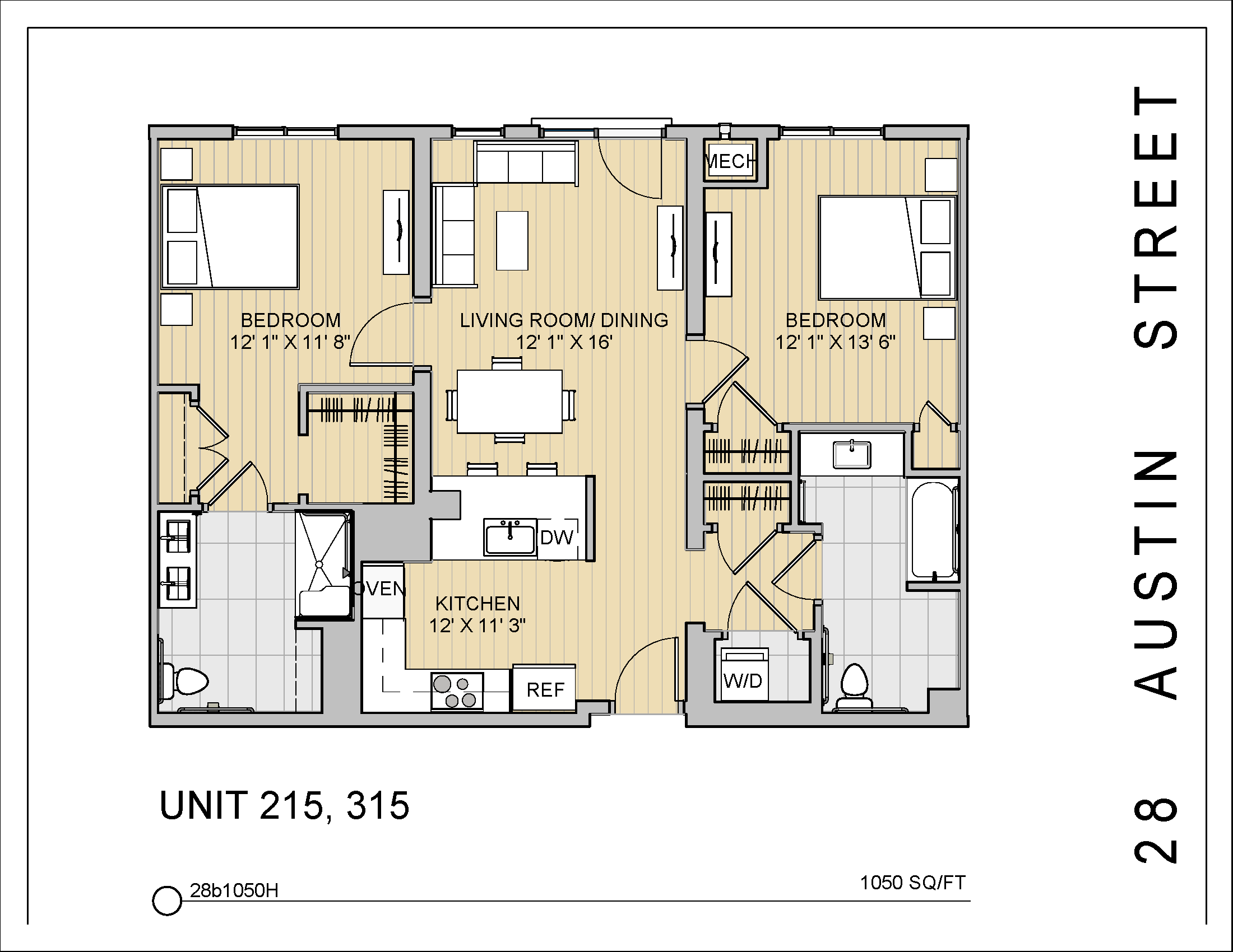 Floor plan for 2 beds, 2 baths, 1050 sqft